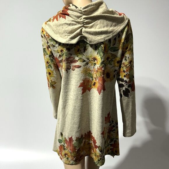 One World Women’s Cowl Neck Tunic Top Size XL Fall Leaf Print Studded Beaded NWT - Picture 5 of 12